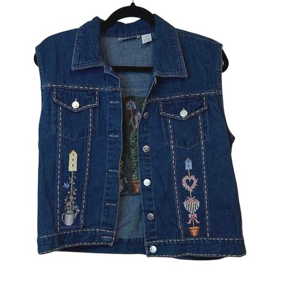 Marisol Denim Vest Jacket Size M Cross-Stitch Embroidered Design Flowers Plants - Picture 1 of 7